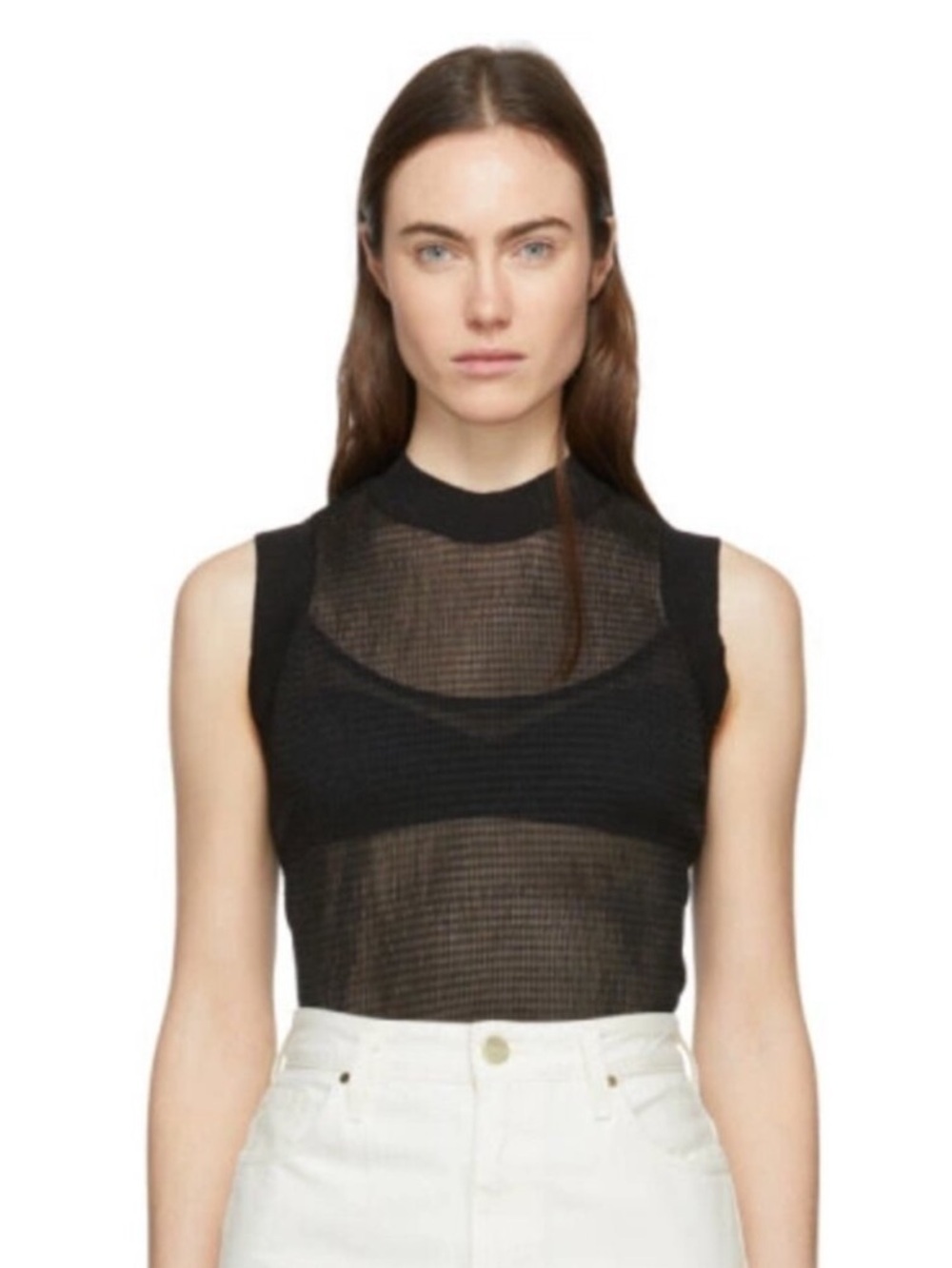 Rag & Bone Raina Black Mini Stripe Sleeveless Mock Neck Top Black Sparkle XS